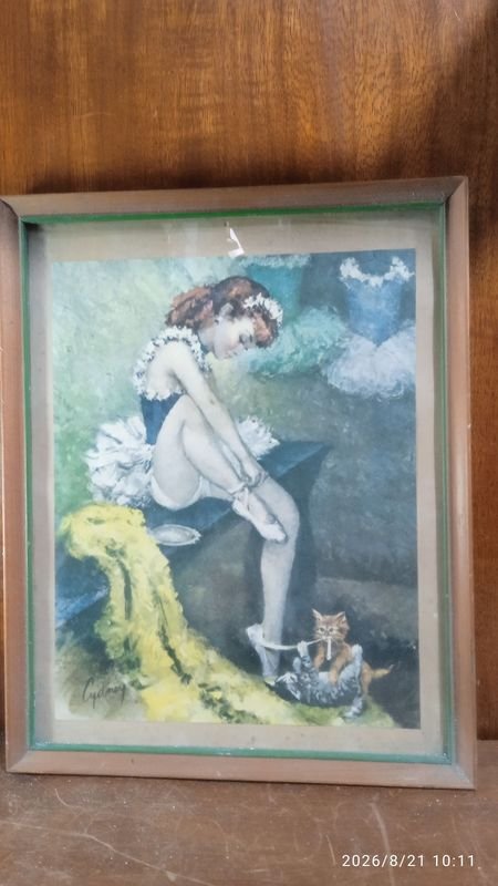 Lámina Vintage Enmarcada de Bailarina con Gato, Estilo Cydney Grossman