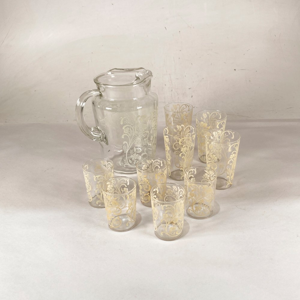 Jarra y Vasos de Vidrio Labrado con Diseño Floral