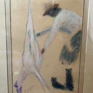 Obra de José Cúneo: "Carneando" en Pastel, Firmada y Enmarcada - imagen 2