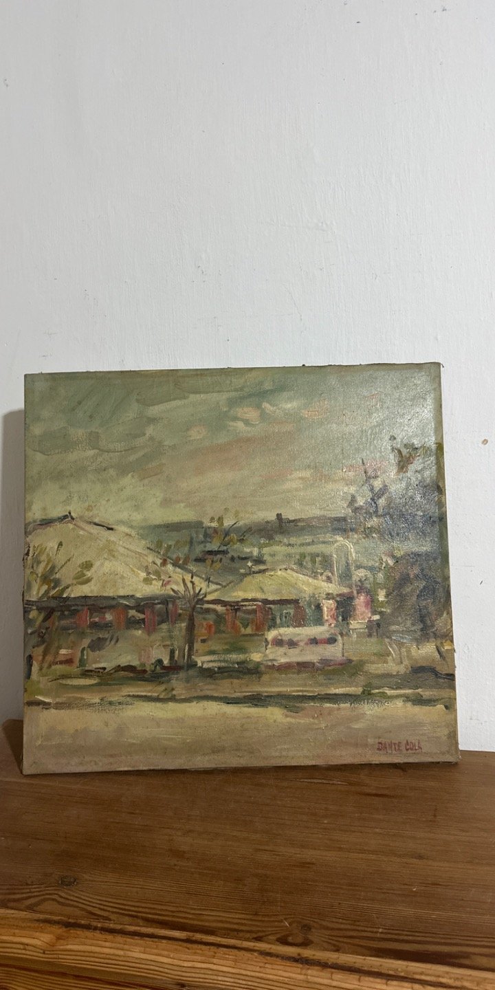 Pintura al óleo de paisaje con techo de paja y vehículo