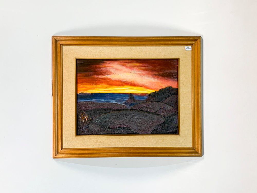 Cuadro Técnica Mixta en Relieve: Paisaje Costero Rocoso al Atardecer