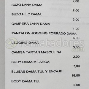 Lote siguiente: Lista de Ropa y Artículos Varios de Remate