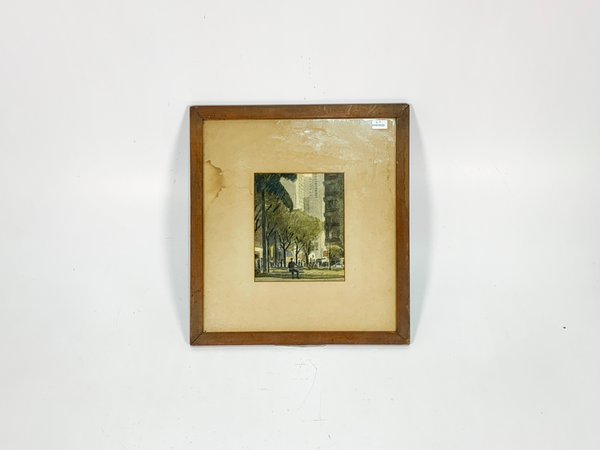 Pintura óleo sobre cartón de E. Soldán, Plaza céntrica con edificios y personajes - imagen 1