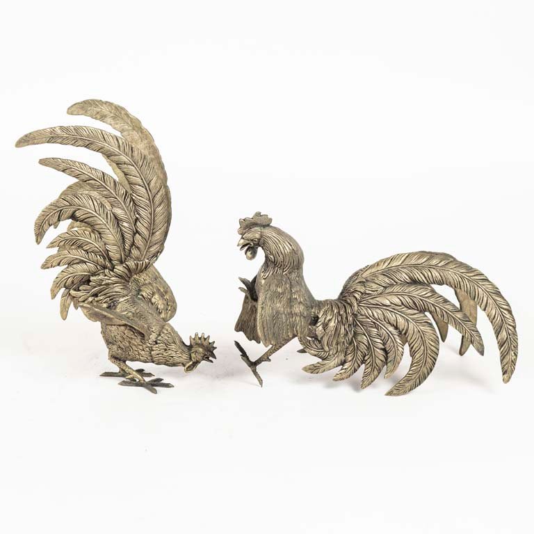 Par de Gallos de Riña de Bronce Plateado