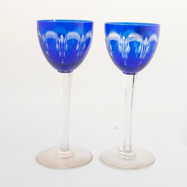 Juego de 2 Copas Altas de Cristal Azul Tallado