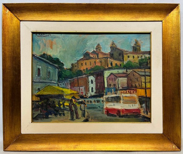 Pintura de ciudad de Jose Montes, oleo sobre carton - imagen 2