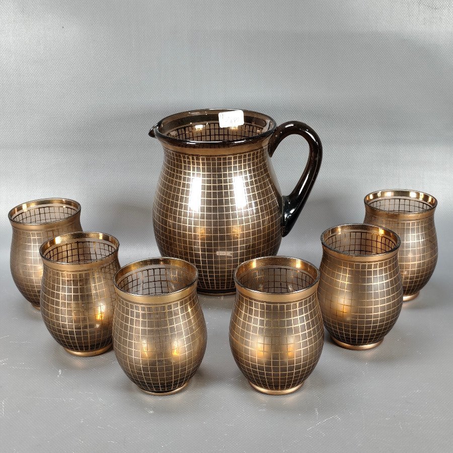 Juego de Jarra y 6 Vasos de Vidrio con Diseño Dorado