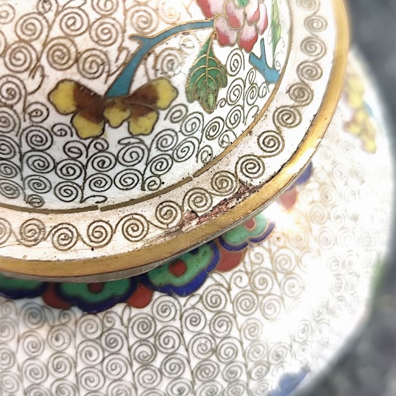 Antiguo potiche de bronce esmaltado cloisonné con tapa, decoración floral - imagen 5