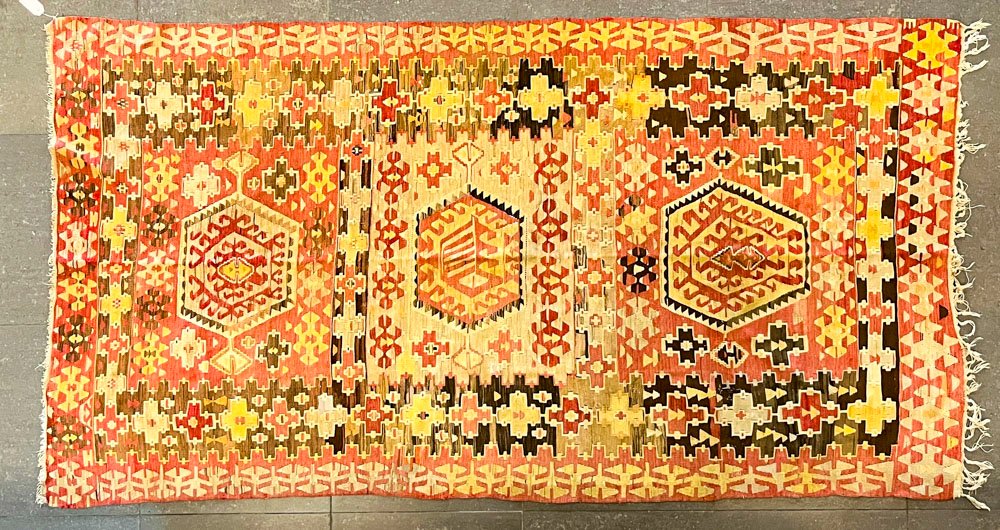 Alfombra Kilim Beige, Rosa y Marrón con Dibujos Geométricos