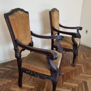 Par de Sillones Antiguos Estilo Chippendale en Madera Noble Tapizados en Pana Ocre - imagen 4