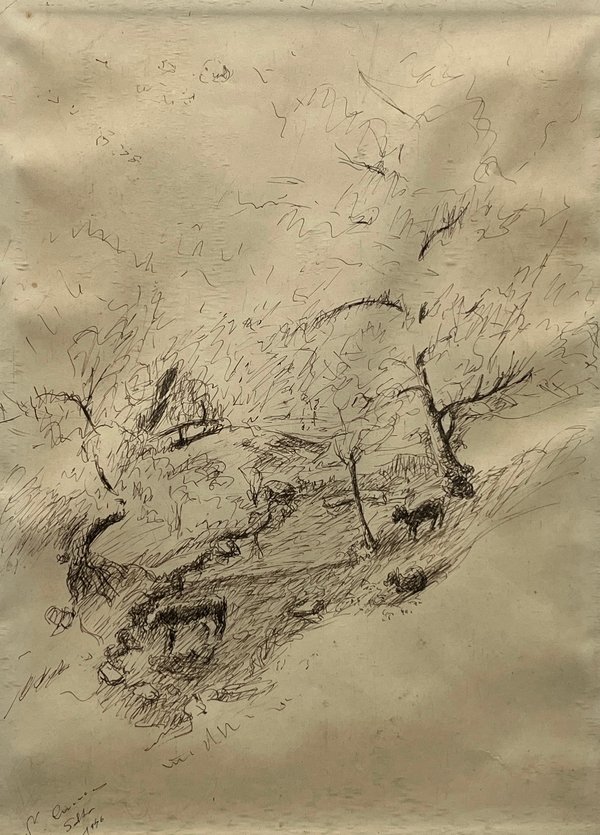 Obra "Cañada" de José Cuneo, Tinta sobre Papel, 50 x 36 cm, Firmada y Fechada 1946