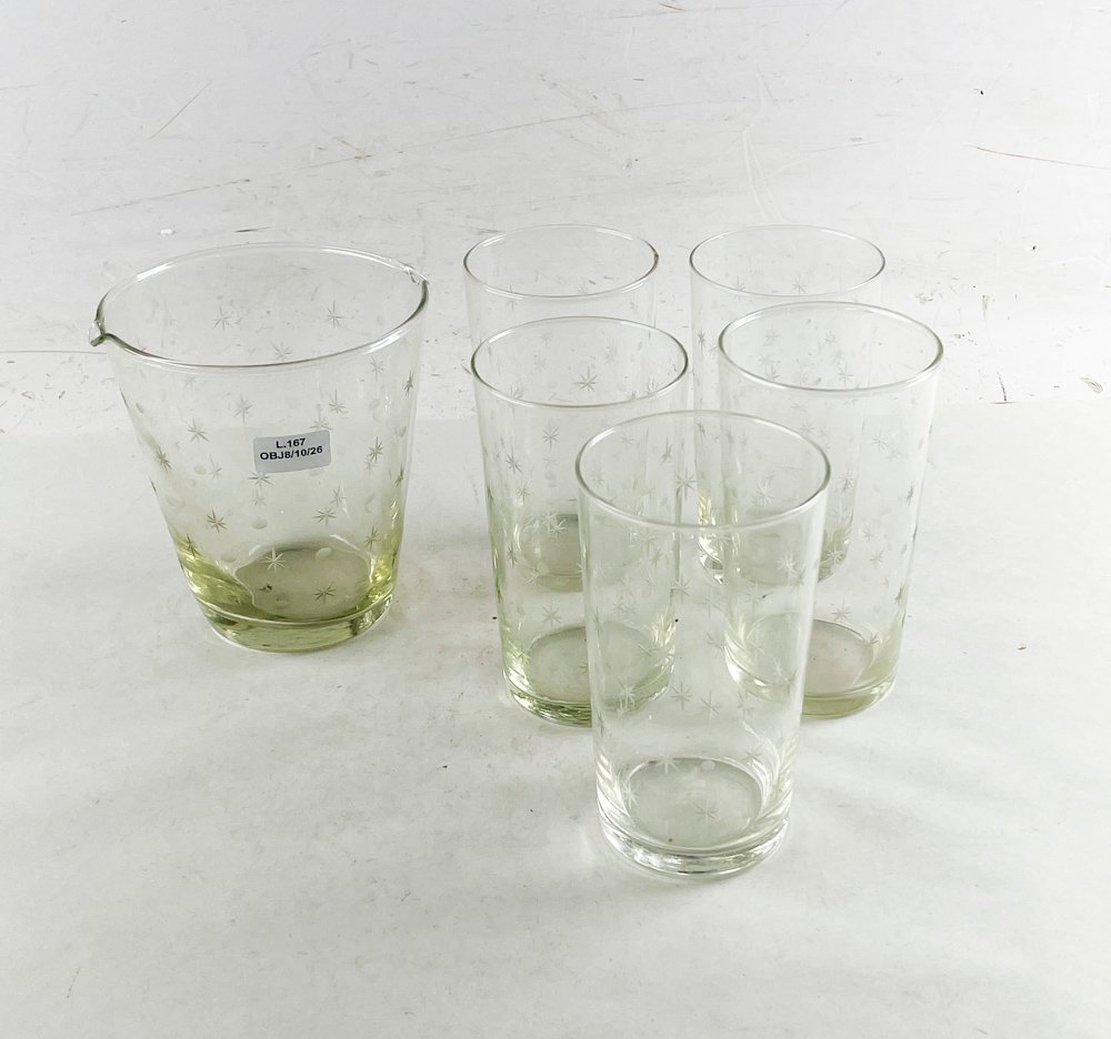 Seis piezas hialinas tallado estrellas, hilera y vasos altos
