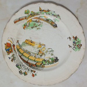 Plato Infantil Antiguo Loza Inglesa Alfred Meakin Royal Marigold "Railroad Pattern" - imagen 3