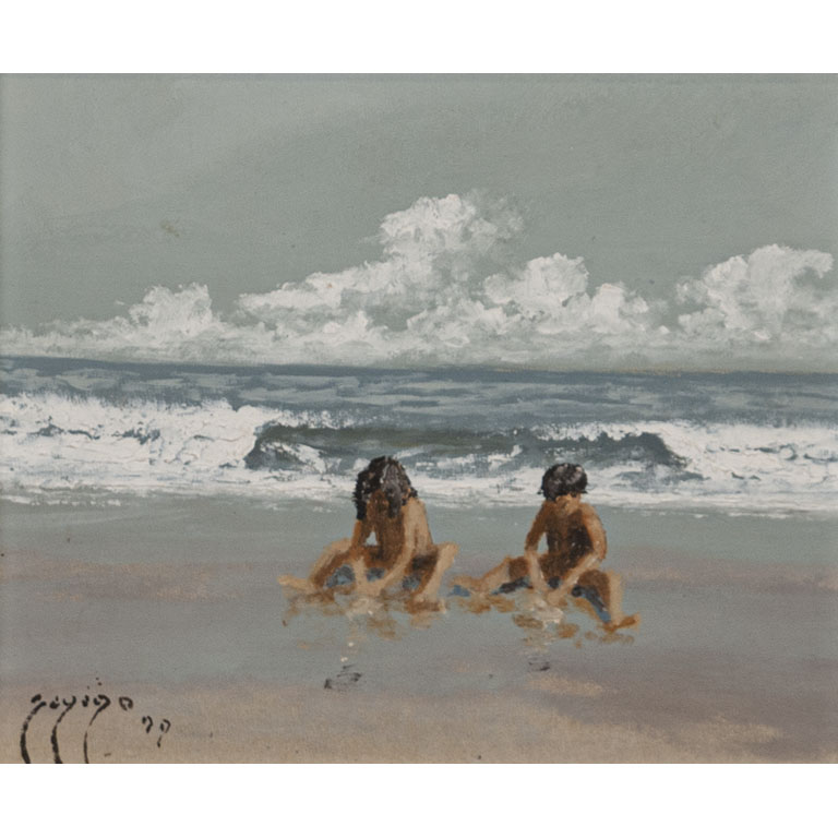Pintura de niños en la playa por Adolfo Sayago - Óleo sobre cartón, 19 x 24 cm