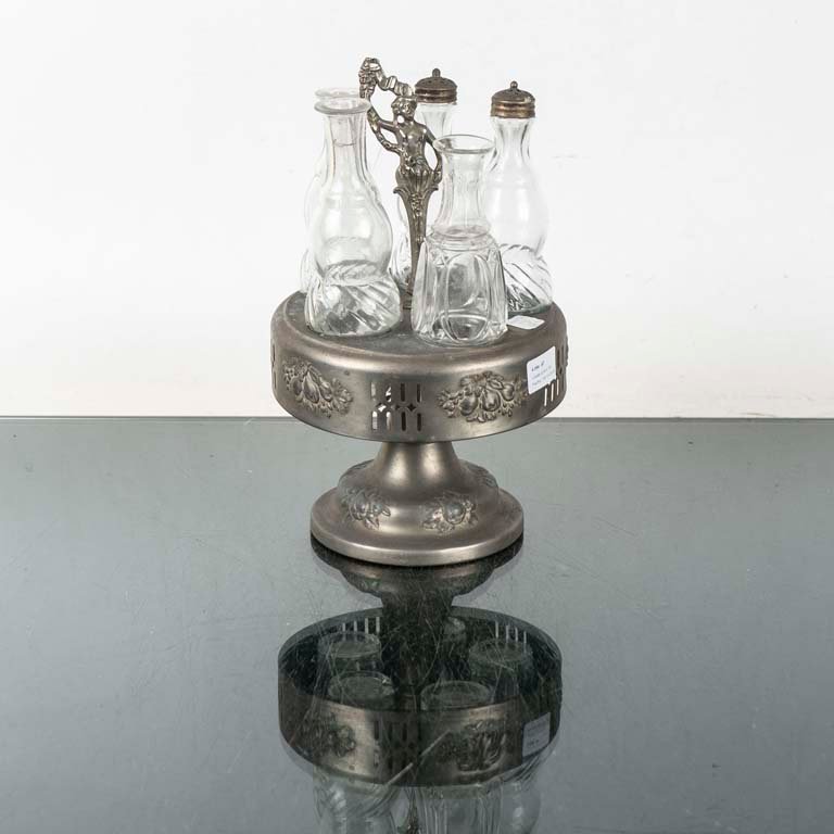 Vinagrera de Cristal y Metal Plateado con Figuras Decorativas