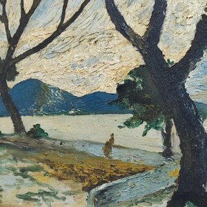 Oleo sobre Lienzo: Paisaje con Árboles y Mar, Firmado J. Hernández, Marco Tallado - imagen 5