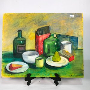 Cuadro al Óleo: Naturaleza Muerta con Frutas, Botellas y Queso - imagen 2