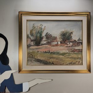 Óleo sobre lienzo "Paisaje Rural" firmado Dante Cola, con marco dorado - imagen 5