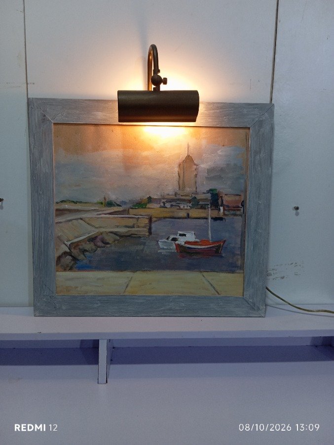 Cuadro Óleo Paisaje Marítimo con Barcos y Marco Gris con Iluminación