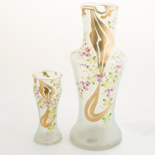 Jarra y Vaso de Cristal Veneciano Esmaltado con Detalles Florales Dorados - imagen 1
