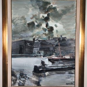 Pintura "Escena Marina" de Hugo Nantes, Acrílico sobre Fibra con Marco Dorado - imagen 3