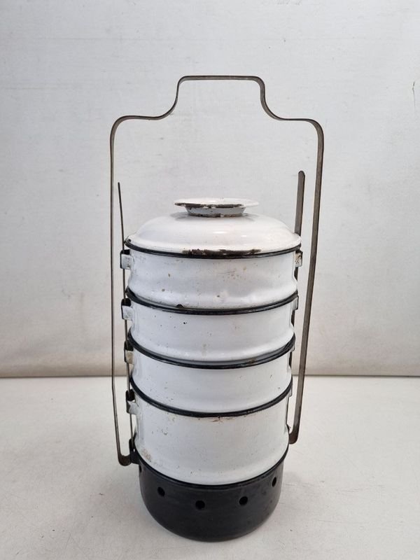Antiguo Portavianda Enlozado Blanco con Base Calentador y Recipientes Apilables