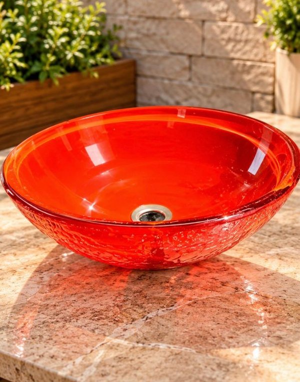 Bacha de Apoyo Circular en Cristal Rojo Rubí con Textura Artística - imagen 1