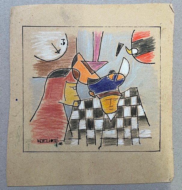 Lote anterior: Dibujo de Walter Deliotti: Personaje y reloj en lapiz graso sobre papel