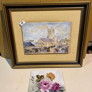Cuadro con Cerámica Pintada Artesanalmente: Escena de Pueblo - imagen 2