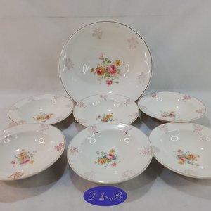 Lote siguiente: Juego de 7 Piezas: 1 Bowl Grande y 6 Compoteras de Loza con Flores