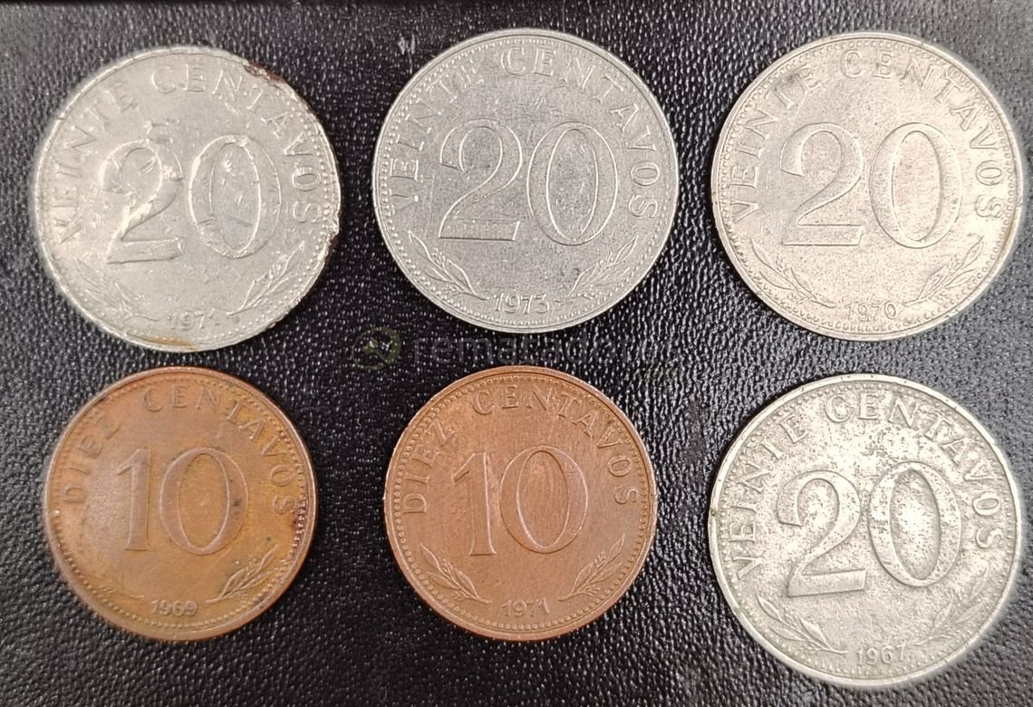 Lote de 5 Monedas Uruguayas: 3 de 20 Centésimos y 2 de 10 Centésimos