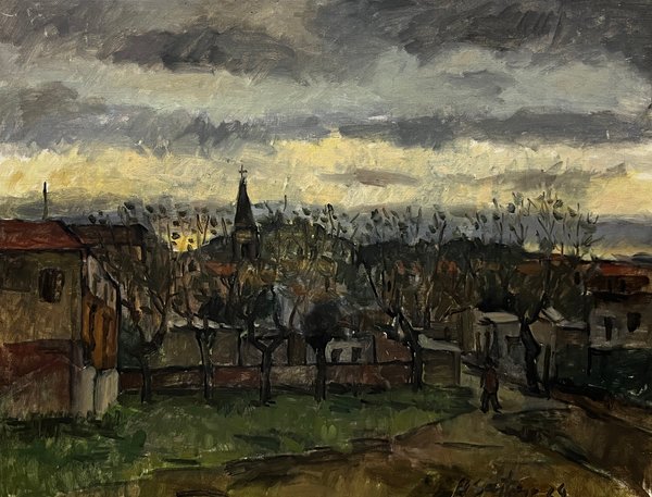 Oleo "Pueblo" de Hugo Sartore, 50 x 65 cm, Firmado y Fechado 1964 - imagen 1