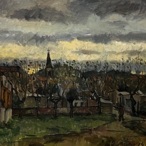 Oleo "Pueblo" de Hugo Sartore, 50 x 65 cm, Firmado y Fechado 1964 - imagen 1