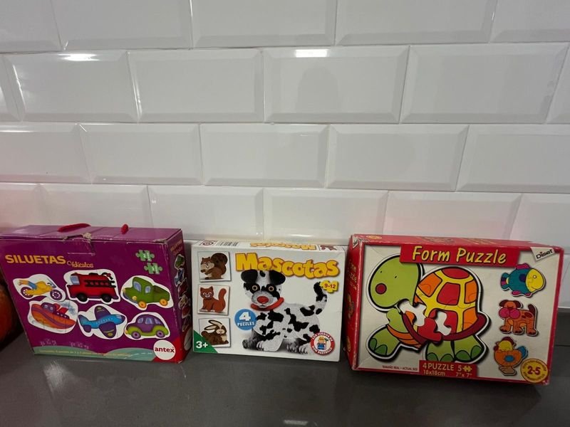 3 Cajas de Puzzles Infantiles: Vehículos, Mascotas y Animales