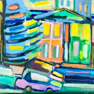 Cuadro al óleo sobre fibra: Caseríos y calle multicolor, 47 x 38 cm - imagen 2