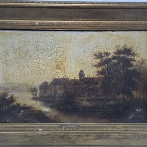 Óleo del Siglo XIX firmado por Bredov: Paisaje con Edificio y Árboles - imagen 3
