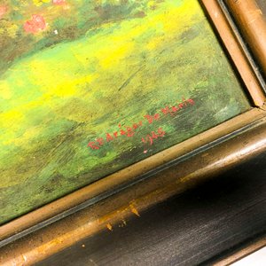 Cuadro al óleo sobre tabla: Paisaje floral con pérgola, firmado R.D. Arigón de Haedo 1945 - imagen 4