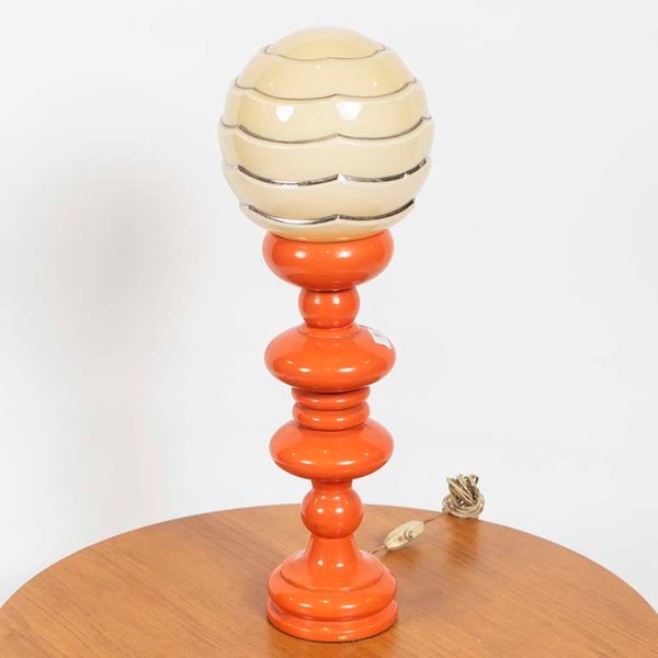 Lámpara de Mesa Vintage Años 70 con Opalina y Base Torneada Naranja