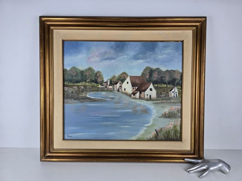 Óleo firmado "Paredes" - Paisaje rural con casas y río