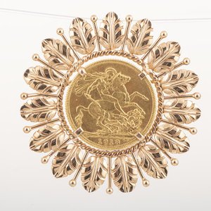 Prendedor de Oro 18k con Moneda Británica "Libra" de 1918 - imagen 1