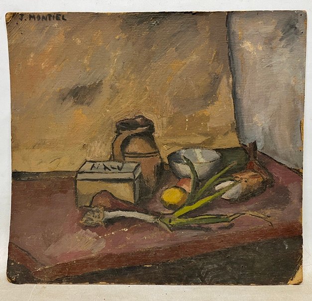 Pintura al óleo de J. Montiel, 'Bodegón'