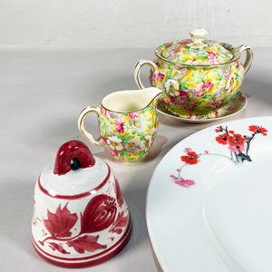 Conjunto de 7 piezas vintage: plato, cremera, azucarero, llamador y frascos de farmacia - imagen 2