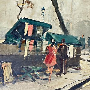 Cuadro al óleo de paisaje urbano invernal, firmado, con marco de madera - imagen 2