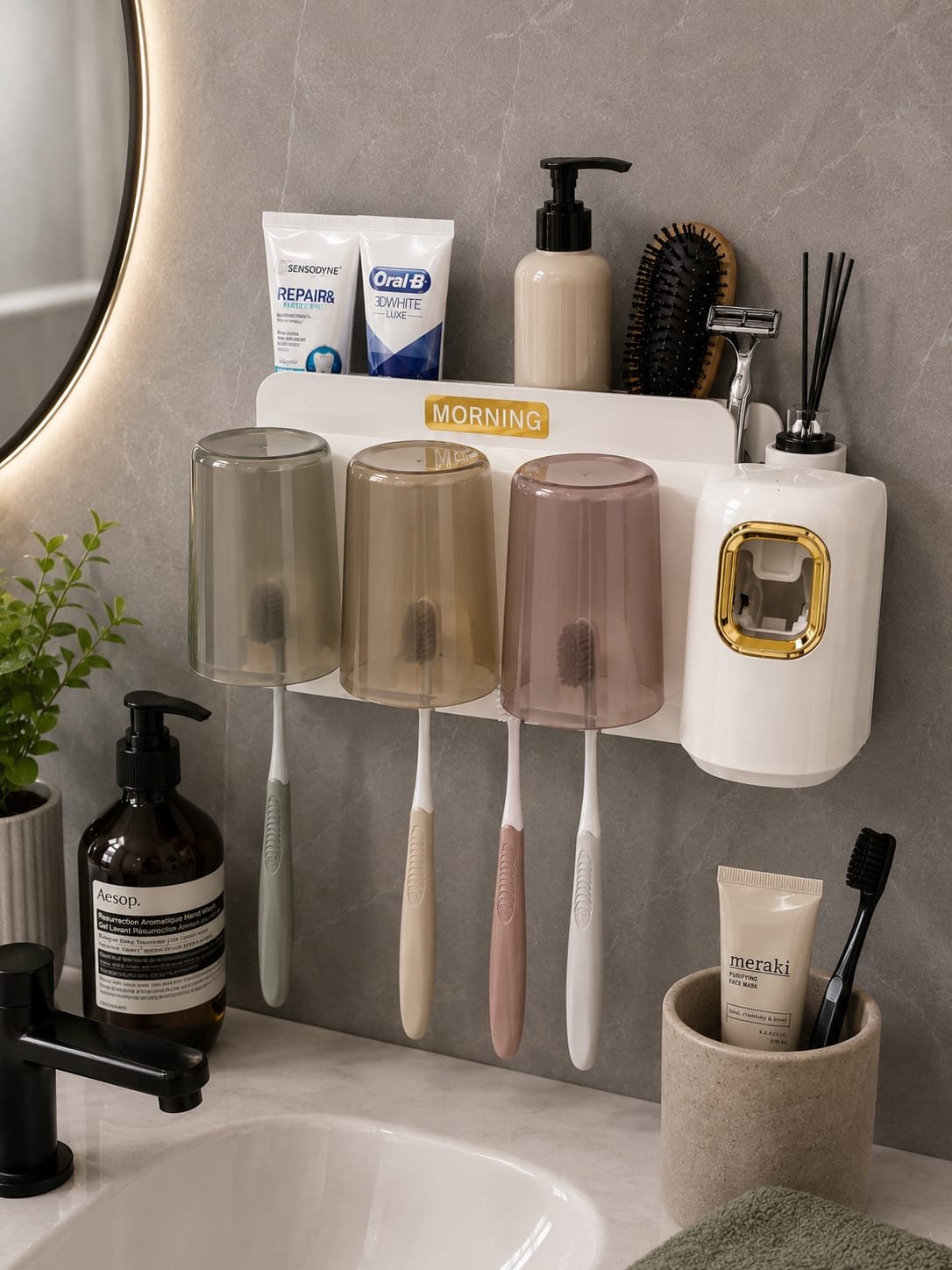 Set Dispensador Pasta Dental y Soporte para Cepillos con Vasos