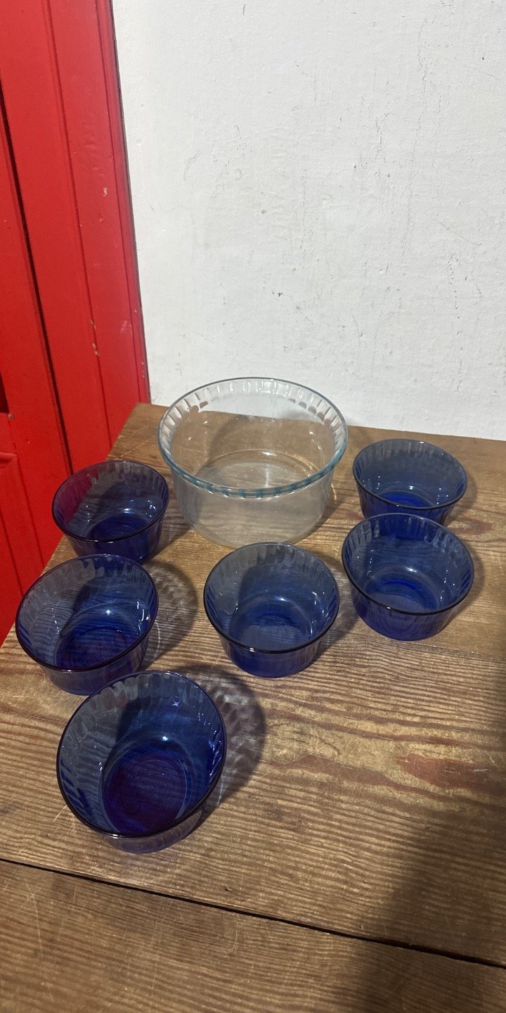 Set de 6 Compoteras de Vidrio Azul y Bol Grande Transparente