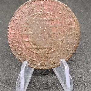 Moneda de Brasil 10 Reis 1785, Ceca Lisboa, Resello 1809, Cobre - imagen 5
