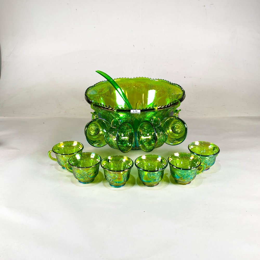 Ponchera de Vidrio Verde Iridescente con Cucharón y 10 Tazas
