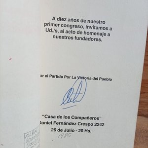Invitación Firmada por Hugo Cores, Partido por la Victoria del Pueblo (PVP) - imagen 2