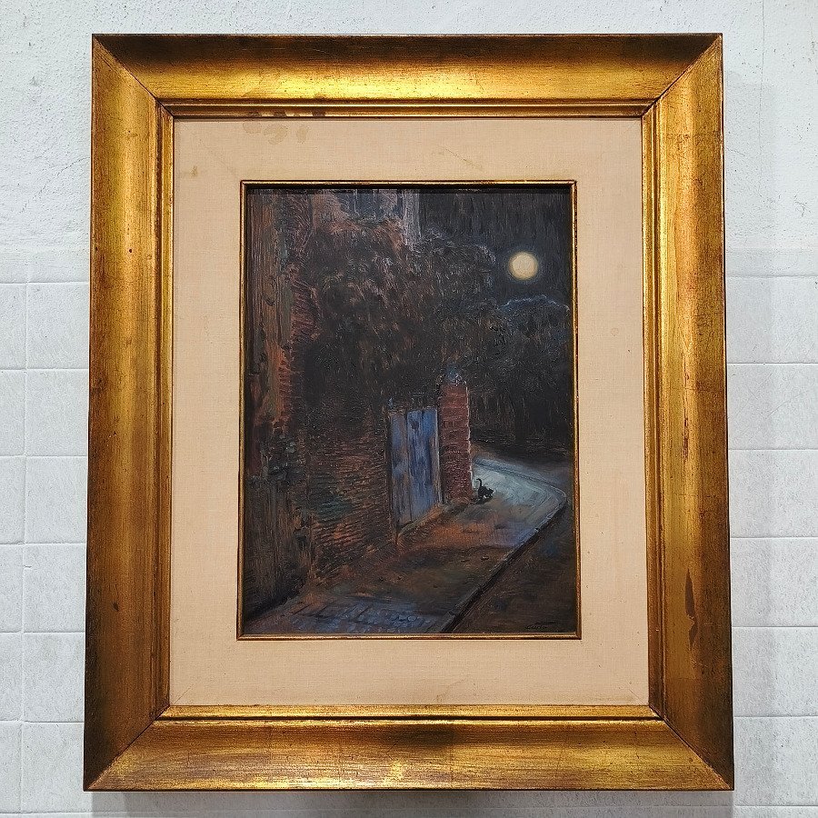 Óleo sobre Fibra "Escena Nocturna" de Aldo Curto con Marco Dorado