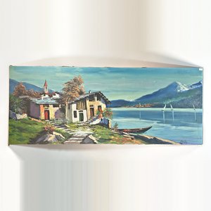 Cuadro al óleo: Costa de laguna, montañas y caseríos, firmado - imagen 2